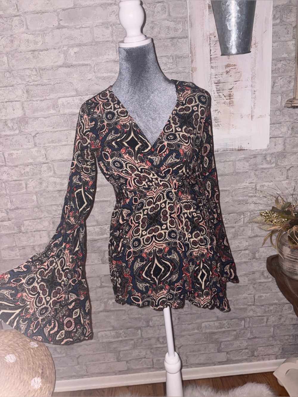 Boho Bell Sleeve Wrap-Style Long Sleeve Romper